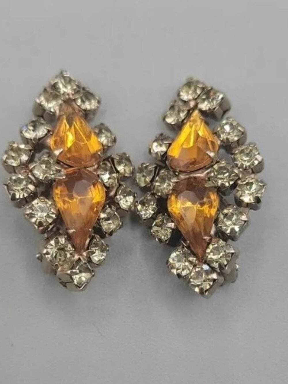Vintage Clip-On Earrings Amber Gold Rhinestone Diamond Shaped Huge Sparkle